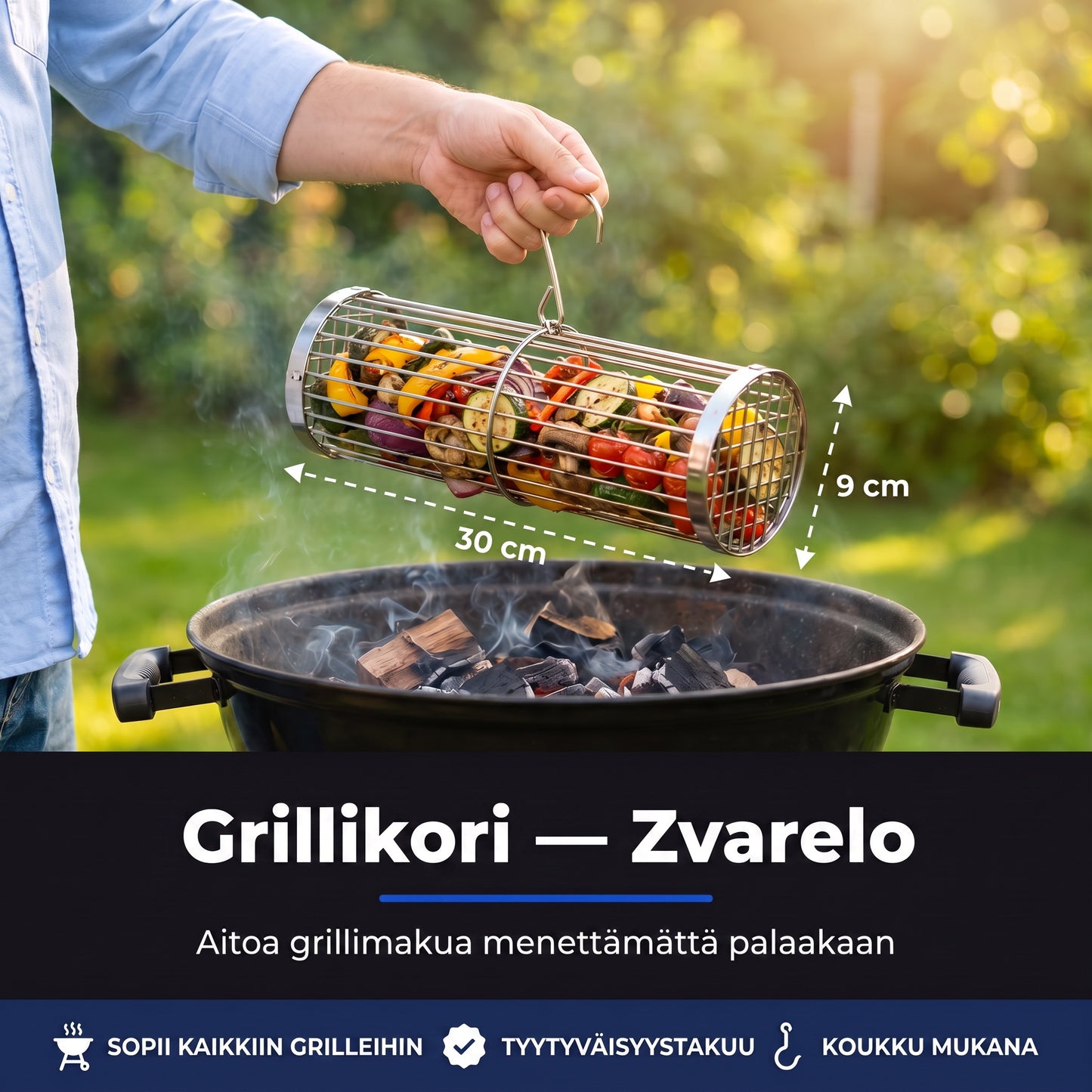 Zvarelo — Grillikori, joka pitää katkaravut ja vihannekset paikallaan ja antaa aidon grillimaun