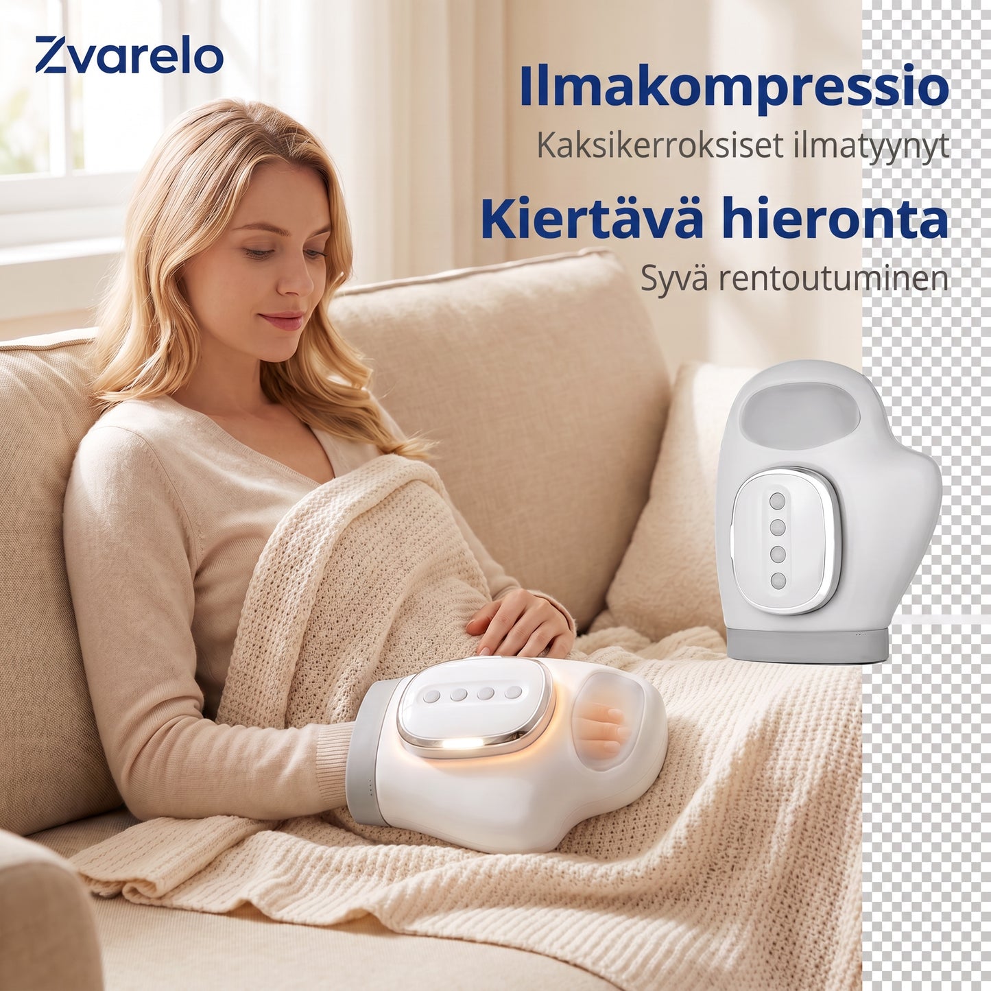 Zvarelo — Käsihieroja ilmakompressiolla ja lämmöllä, joka lievittää jäykkyyttä ja pistelyä 15 minuutissa päivässä