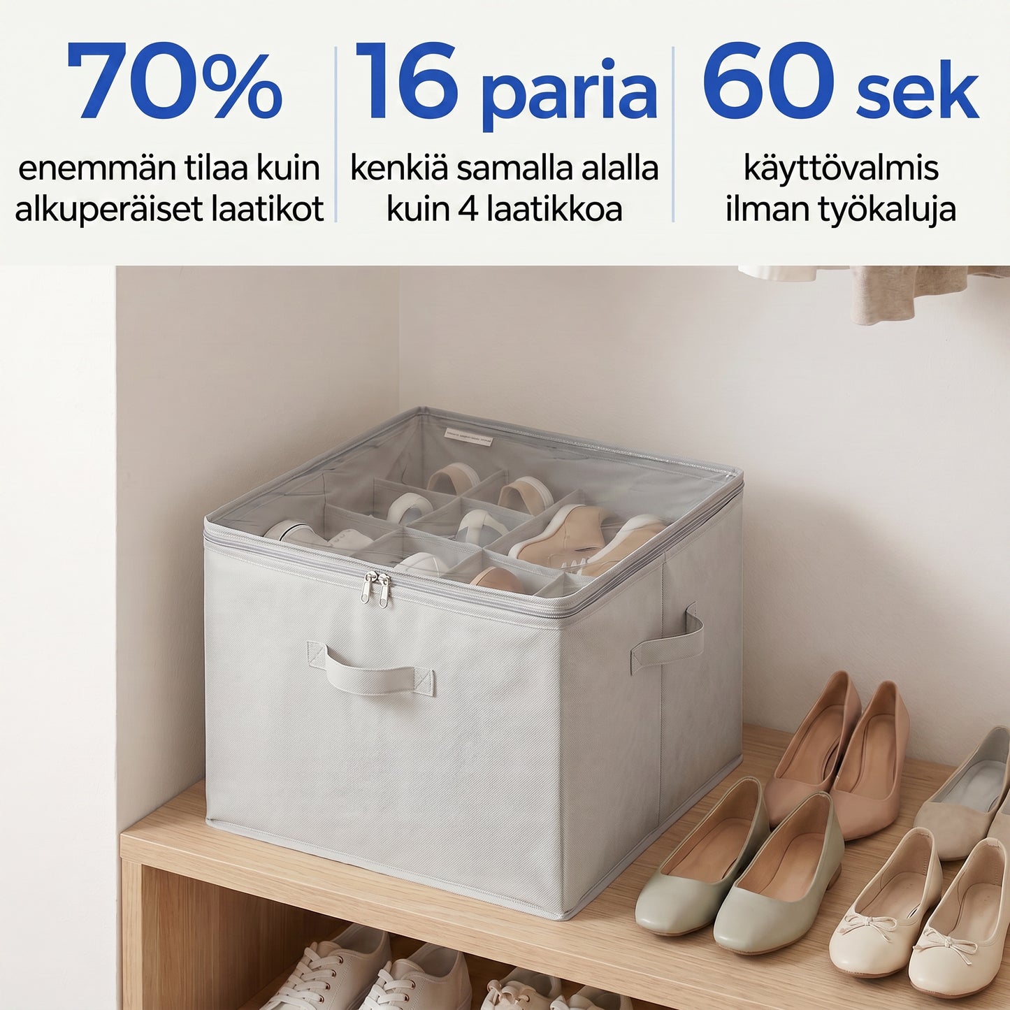 Zvarelo — Kokoontaittuva kenkälaatikko, joka tuo järjestyksen ja 70 % lisää tilaa vaatekaappiin