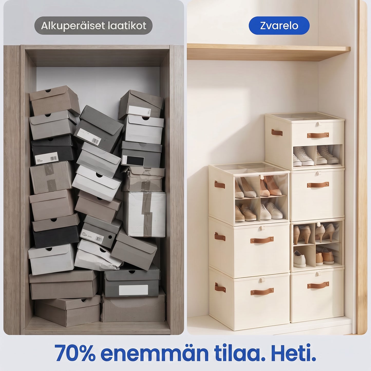 Zvarelo — Kokoontaittuva kenkälaatikko, joka tuo järjestyksen ja 70 % lisää tilaa vaatekaappiin