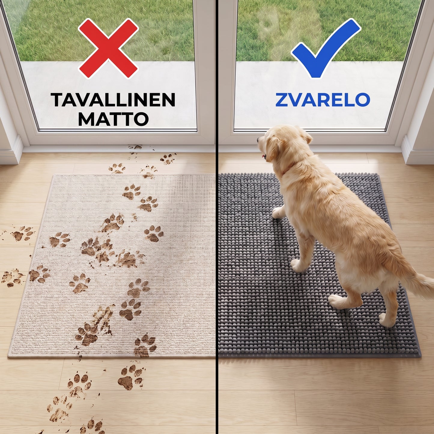 Zvarelo — Koiramatto, jossa on kolme kerrosta ja joka nappaa loan ja veden ovella ennen kuin tassut ehtivät lattialle
