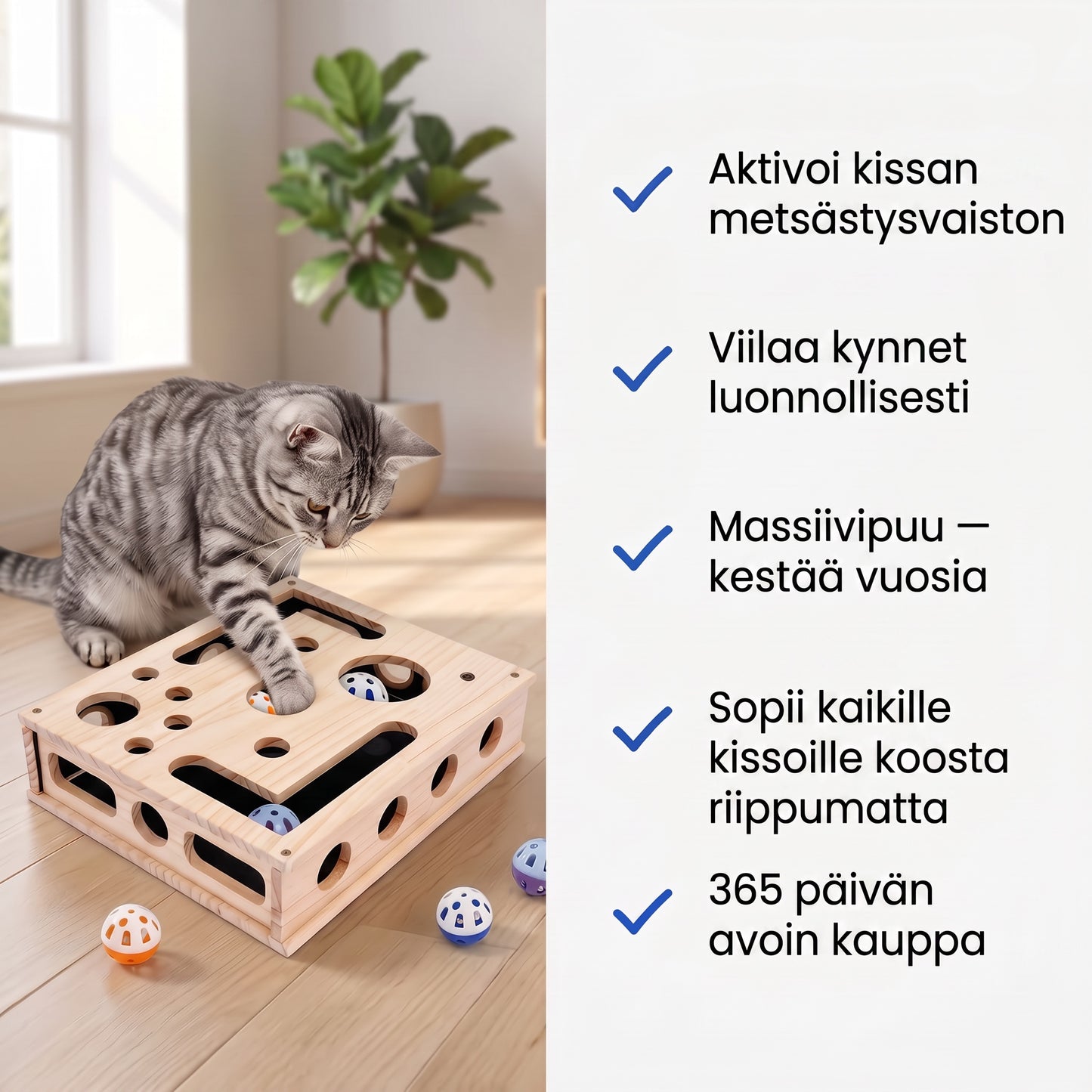 Zvarelo — Puinen kissapeli sisäänrakennetulla raapimislaudalla
