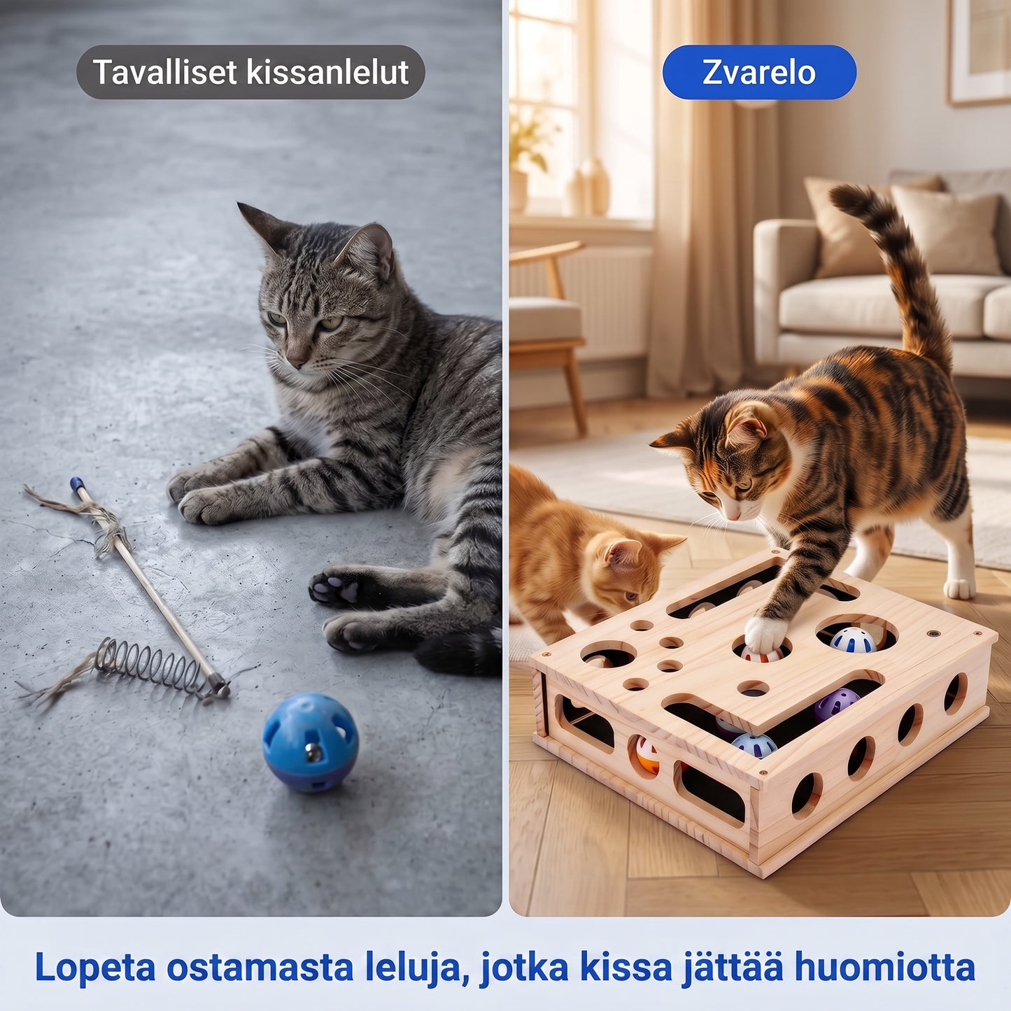 Zvarelo — Puinen kissapeli sisäänrakennetulla raapimislaudalla