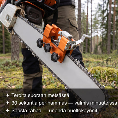 Zvarelo — Nordslip ketjuteroitin, joka terävöittää moottorisahan ketjun 30 sekunnissa suoraan sahassa