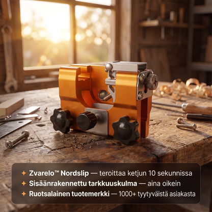 Zvarelo — Nordslip ketjuteroitin, joka terävöittää moottorisahan ketjun 30 sekunnissa suoraan sahassa
