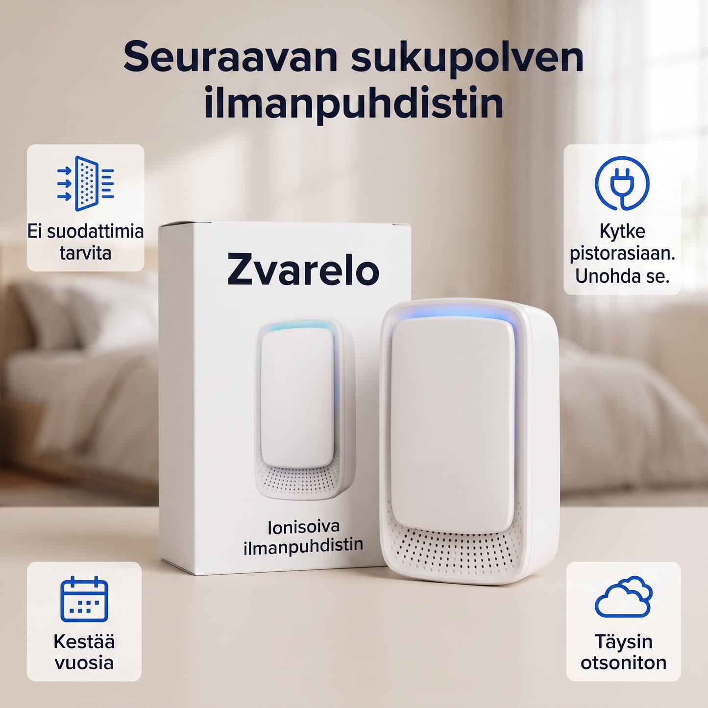 Zvarelo KvalsterFri — Ionisaattori, joka puhdistaa makuuhuoneen hajun hiljaa ja ilman suodattimia, jotta heräät virkeämpänä