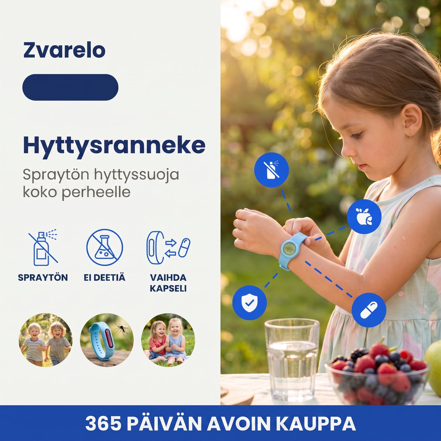 Zvarelo — Hyttysranneke joka pitää hyttyset loitolla ilman iholle suihkuttamista