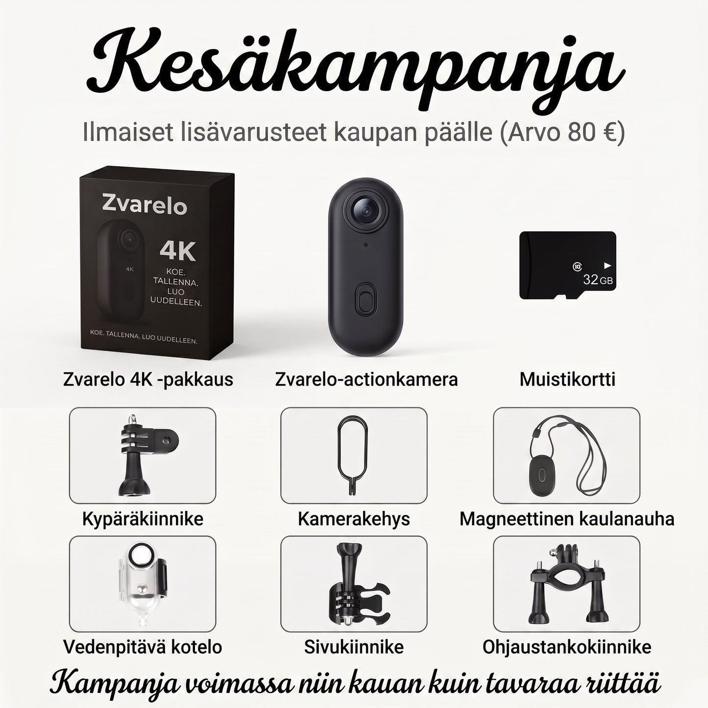 Zvarelo — Actionkamera, joka kuvaa seikkailut 4K-tarkkuudella vesitiiviillä kotelolla ja kiinnikkeillä kypärään, pyörään ja surffilautaan
