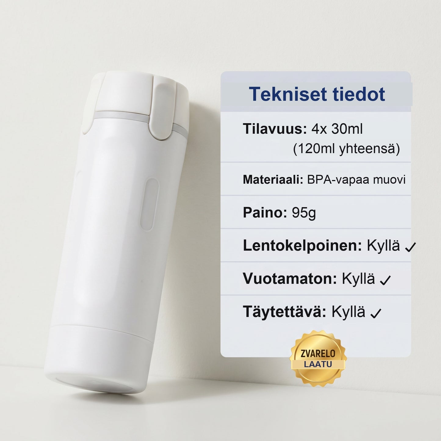 Zvarelo — Matkapullo neljällä pumpulla, joka kokoaa koko rutiinisi vuotamattomasti taskukokoon
