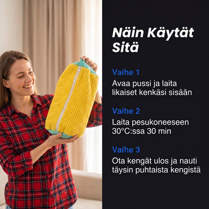 Zvarelo — Kenkäpussi, jossa on 10 000 chenille-kuitua ja joka pesee kengät puhtaiksi koneessa ilman jyskettä
