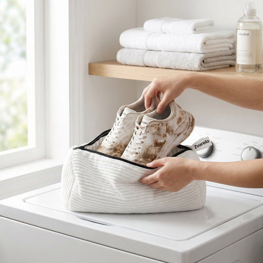 Skotvättpåse med smutsiga sneakers i tvättstuga