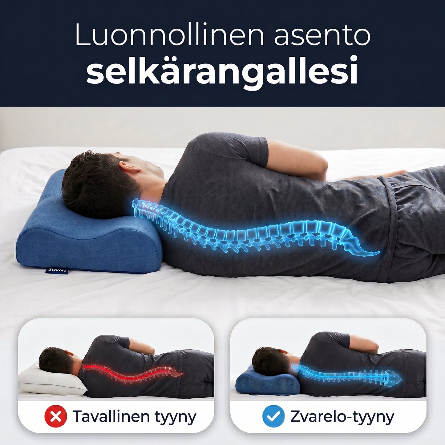 Zvarelo — Ergonominen unityyny muistivaahdolla, joka tukee niskaa ja vähentää aamujäykkyyttä
