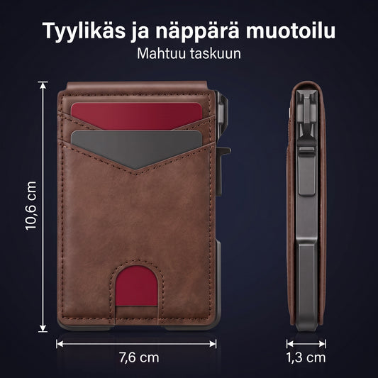 Zvarelo — Titaanilompakko pop-up-näytöllä, joka näyttää kaikki kortit yhdellä napsautuksella