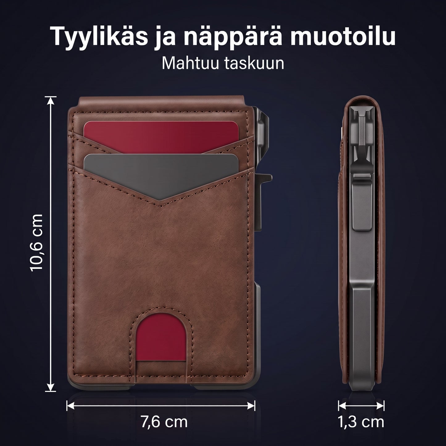 Zvarelo — Titaanilompakko pop-up-näytöllä, joka näyttää kaikki kortit yhdellä napsautuksella