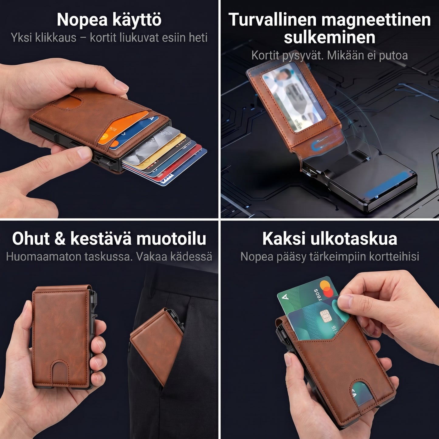 Zvarelo — Titaanilompakko pop-up-näytöllä, joka näyttää kaikki kortit yhdellä napsautuksella